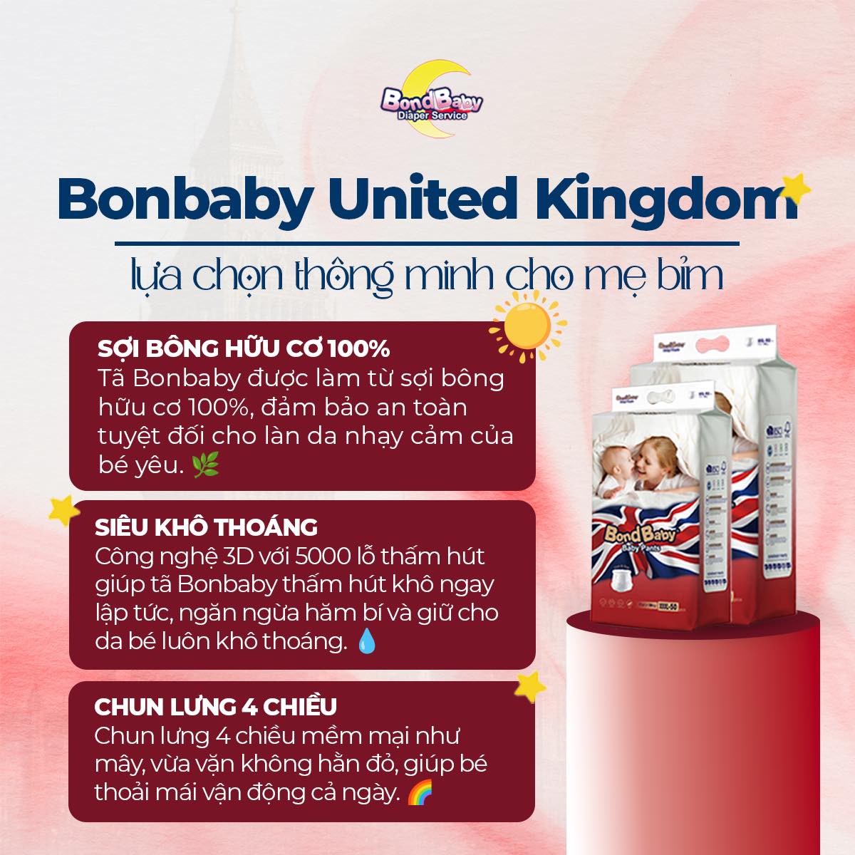 Bỉm Bondbaby UK – Đáy Thoáng 360° Cho Bé Thoải Mái Cả Ngày